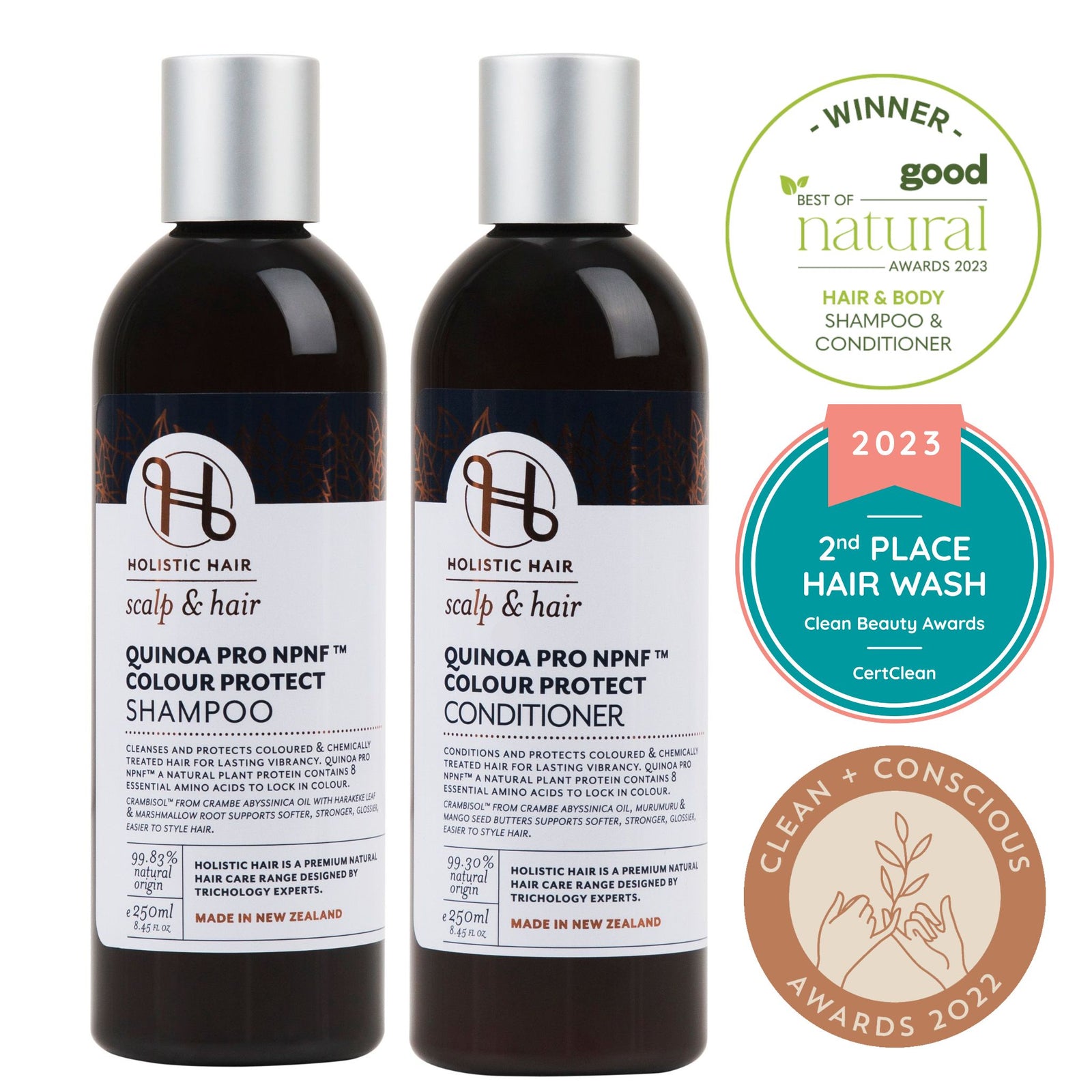 Award-winning haircare duo with Quinoa protein and botanical oils to enhance colour retention, elasticity, and shine.