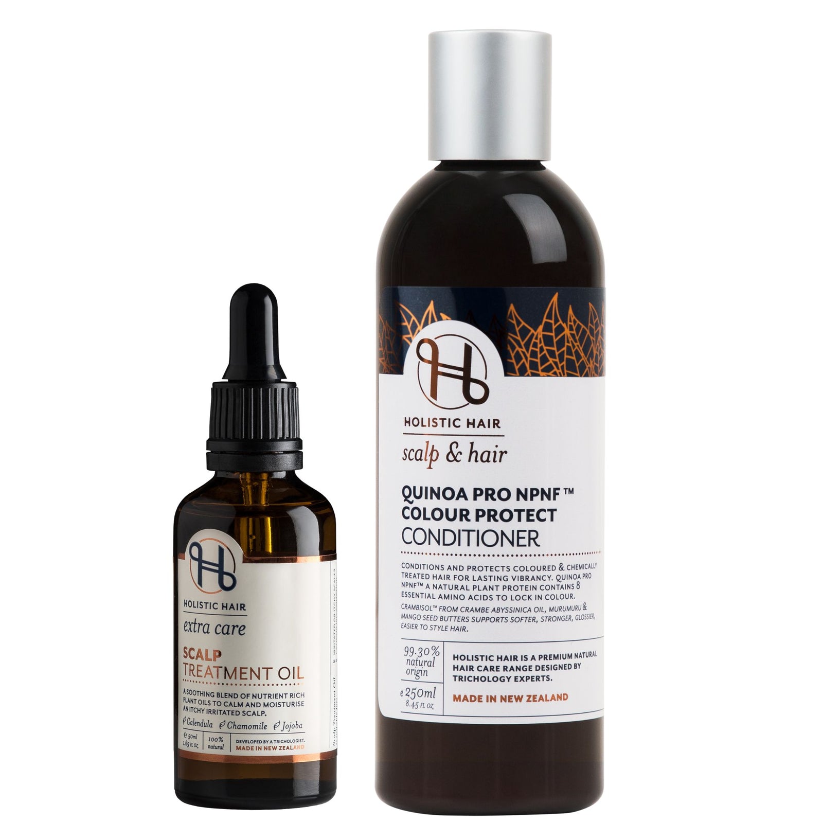 Scalp Treatment Oil 50ml and Quinoa Pro Colour Protect Conditioner 250ml on a transparent background.