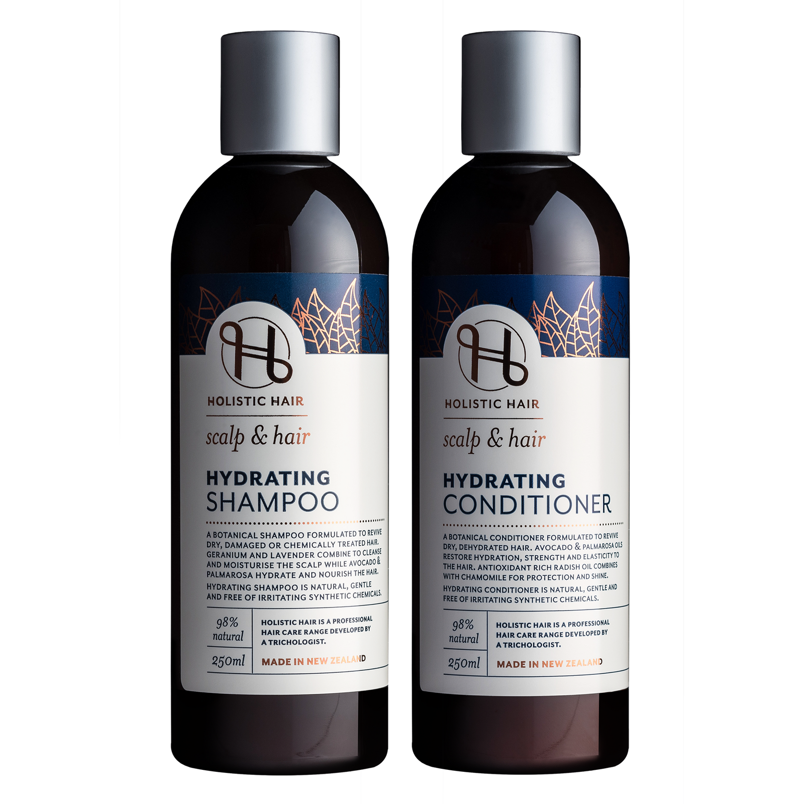 Plant-based hair care duo featuring Avocado, Palmarosa, and Chamomile for moisture and shine.