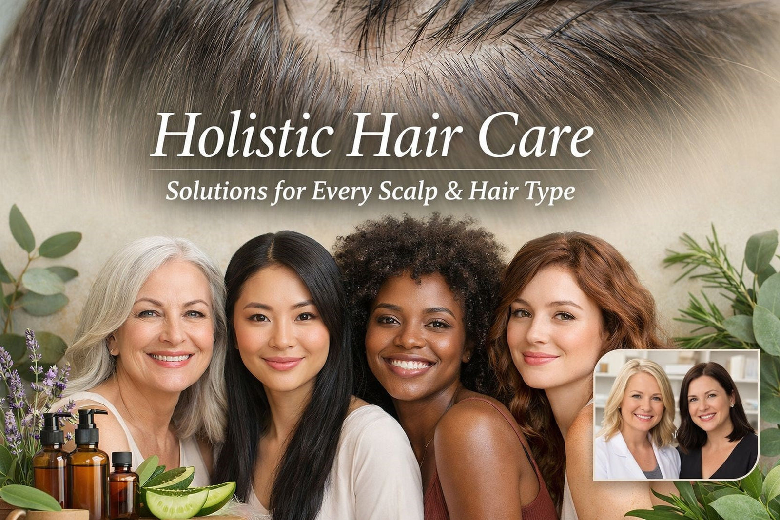 Holistic Hair hero image: healthy scalp, diverse hair types, co-owners showcasing trichology expertise.