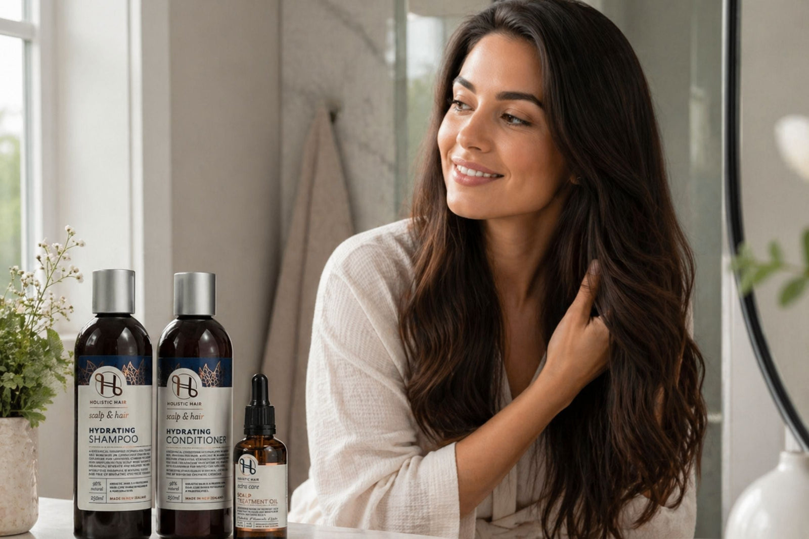 Woman in a bathroom with her Holistic Hair products ready to use on the vanity.