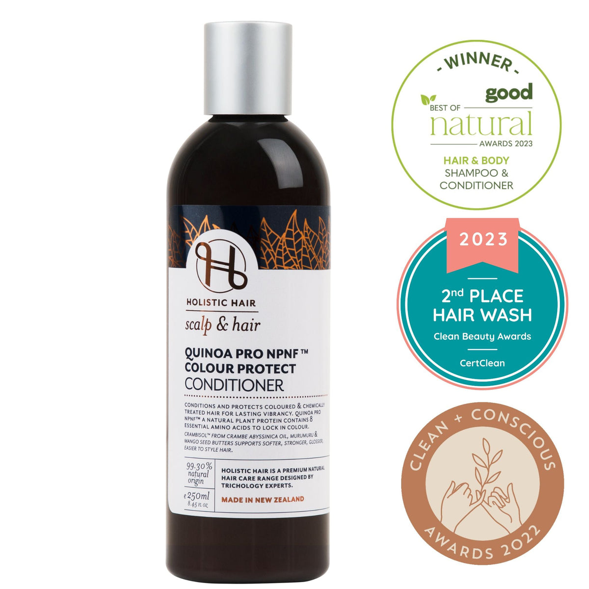 Holistic Hair Colour Protect Conditioner with a clean, botanical backdrop emphasizing its nourishing and colour-safe formula.