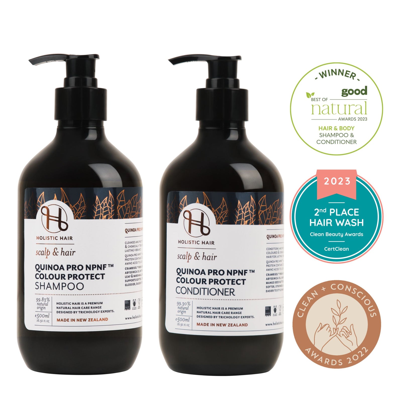 Colour-safe shampoo and conditioner set with natural ingredients to nourish, protect, and smooth chemically treated hair.