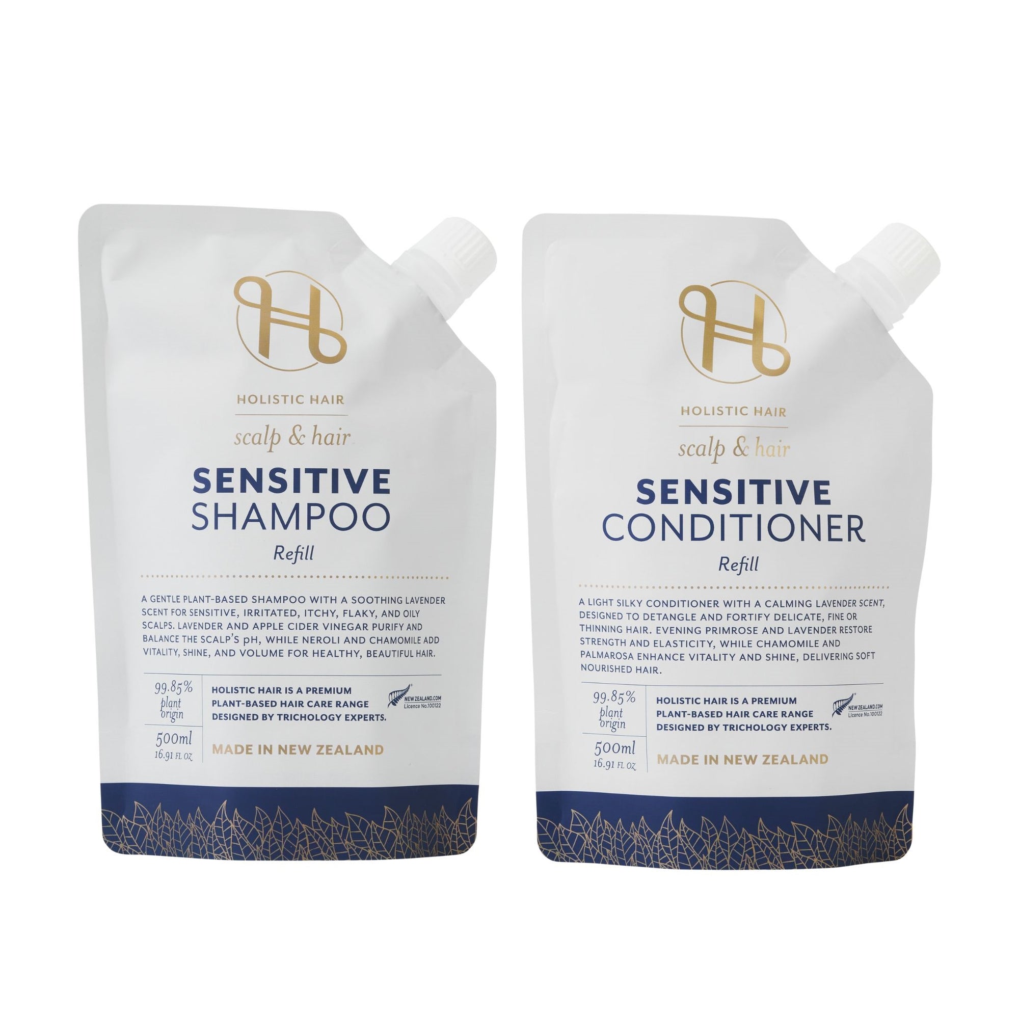 Two Holistic Hair Sensitive Shampoo and Conditioner refill packs on a white background